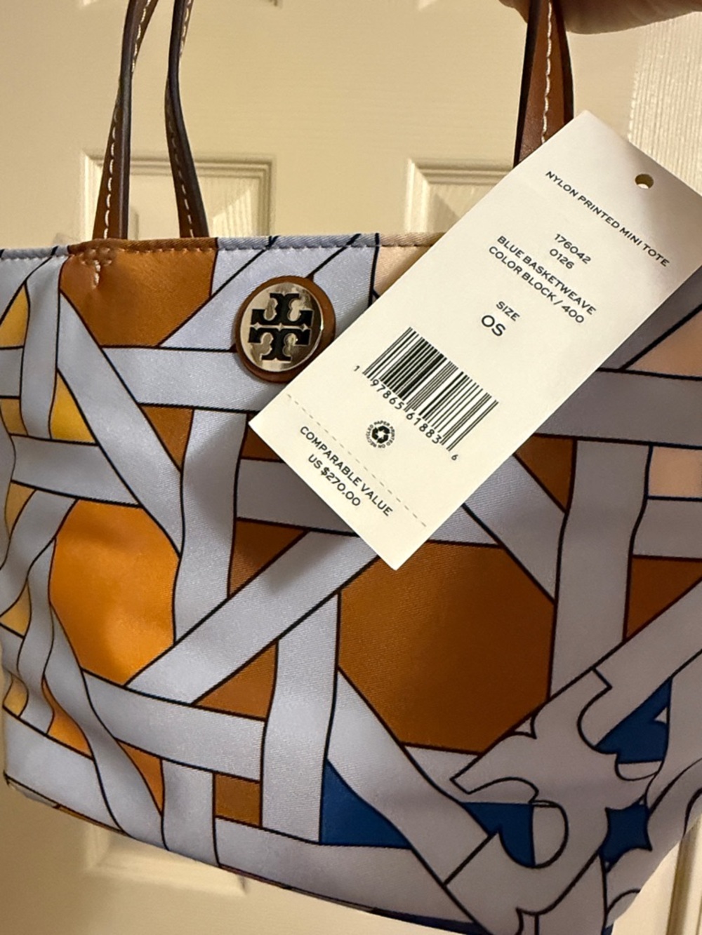 Tory Burch Nylon Printed Mini Tote Blue Basketweave Colorblock - Picture 6 of 11